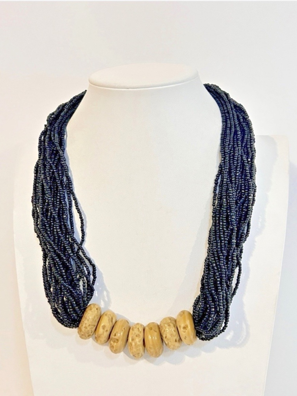 Vintage Black Glass Multi Strand Micro Bead & Stone Necklace 18"